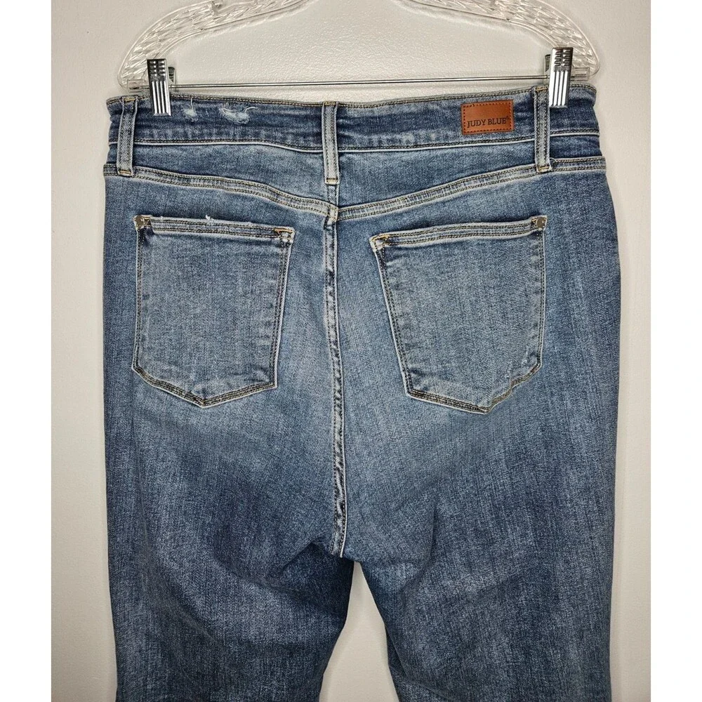 JUDY BLUE High Waist Destroy Wide Leg Jeans 14W Medium Wash Raw Hem Distressed